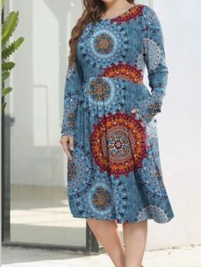 NWT- XL Long Sleeves Crew Neck Casual Dresses Empire Waist Loose Flowy Dress